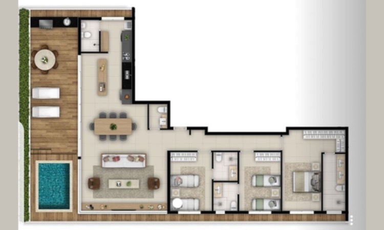 Model Rumah Leter L dengan Kolam Renang